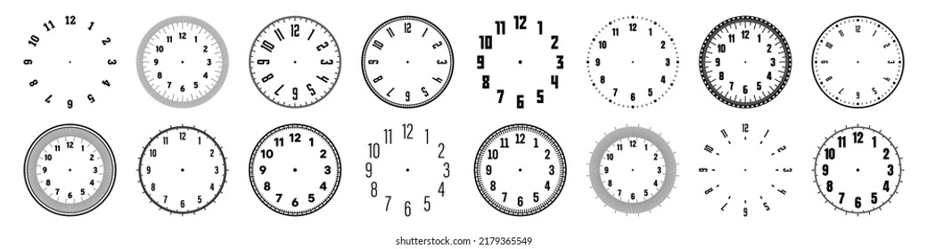 Mechanical clock faces with arabic numerals, bezel. Watch dial with minute, hour marks and numbers. Timer or stopwatch element. Blank measuring circle scale with divisions. Vector illustration