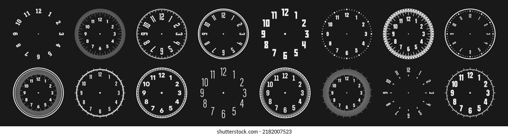 Mechanical clock faces with arabic numerals, bezel. White watch dial with minute, hour marks and numbers. Timer or stopwatch element. Blank measuring circle scale with divisions. Vector illustration