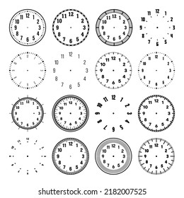 Mechanical clock faces with arabic numerals, bezel. Watch dial with minute, hour marks and numbers. Timer or stopwatch element. Blank measuring circle scale with divisions. Vector illustration