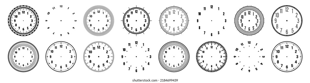 Mechanical clock faces with arabic numerals, bezel. Watch dial with minute, hour marks and numbers. Timer or stopwatch element. Blank measuring circle scale with divisions. Vector illustration