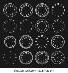 Mechanical clock faces with arabic numerals, bezel. White watch dial with minute, hour marks and numbers. Timer or stopwatch element. Blank measuring circle scale with divisions. Vector illustration