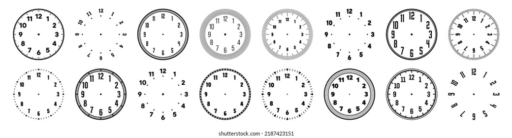 Mechanical clock faces with arabic numerals, bezel. Watch dial with minute, hour marks and numbers. Timer or stopwatch element. Blank measuring circle scale with divisions. Vector illustration