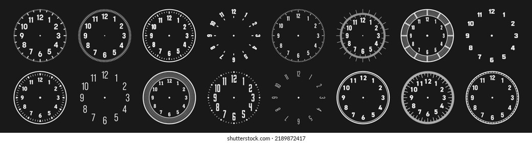 Mechanical clock faces with arabic numerals, bezel. White watch dial with minute, hour marks and numbers. Timer or stopwatch element. Blank measuring circle scale with divisions. Vector illustration