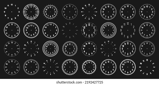 Mechanical clock faces with arabic numerals, bezel. White watch dial with minute, hour marks and numbers. Timer or stopwatch element. Blank measuring circle scale with divisions. Vector illustration