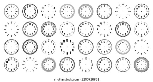 Mechanical clock faces with arabic numerals, bezel. Watch dial with minute, hour marks and numbers. Timer or stopwatch element. Blank measuring circle scale with divisions. Vector illustration