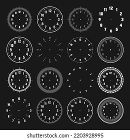 Mechanical clock faces with arabic numerals, bezel. White watch dial with minute, hour marks and numbers. Timer or stopwatch element. Blank measuring circle scale with divisions. Vector illustration