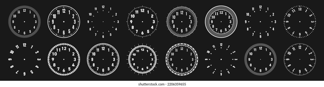 Mechanical clock faces with arabic numerals, bezel. White watch dial with minute, hour marks and numbers. Timer or stopwatch element. Blank measuring circle scale with divisions. Vector illustration