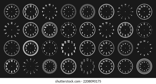 Mechanical clock faces with arabic numerals, bezel. White watch dial with minute, hour marks and numbers. Timer or stopwatch element. Blank measuring circle scale with divisions. Vector illustration