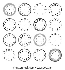 Mechanical clock faces with arabic numerals, bezel. Watch dial with minute, hour marks and numbers. Timer or stopwatch element. Blank measuring circle scale with divisions. Vector illustration