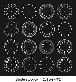 Mechanical clock faces with arabic numerals, bezel. White watch dial with minute, hour marks and numbers. Timer or stopwatch element. Blank measuring circle scale with divisions. Vector illustration