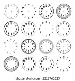 Mechanical clock faces with arabic numerals, bezel. Watch dial with minute, hour marks and numbers. Timer or stopwatch element. Blank measuring circle scale with divisions. Vector illustration