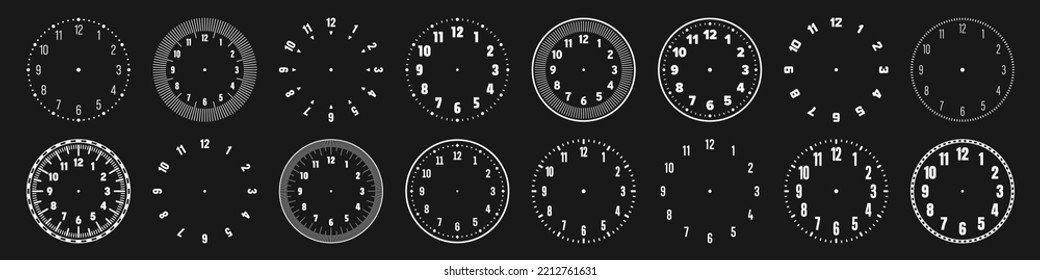 Mechanical clock faces with arabic numerals, bezel. White watch dial with minute, hour marks and numbers. Timer or stopwatch element. Blank measuring circle scale with divisions. Vector illustration