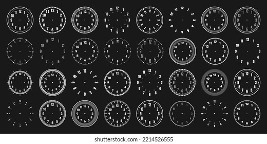 Mechanical clock faces with arabic numerals, bezel. White watch dial with minute, hour marks and numbers. Timer or stopwatch element. Blank measuring circle scale with divisions. Vector illustration