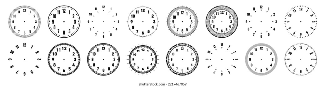 Mechanical clock faces with arabic numerals, bezel. Watch dial with minute, hour marks and numbers. Timer or stopwatch element. Blank measuring circle scale with divisions. Vector illustration