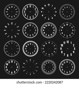 Mechanical clock faces with arabic numerals, bezel. White watch dial with minute, hour marks and numbers. Timer or stopwatch element. Blank measuring circle scale with divisions. Vector illustration