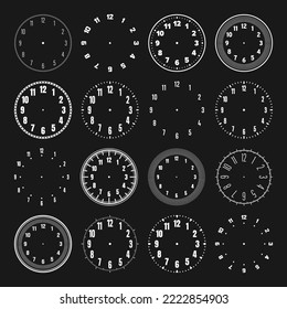 Mechanical clock faces with arabic numerals, bezel. White watch dial with minute, hour marks and numbers. Timer or stopwatch element. Blank measuring circle scale with divisions. Vector illustration