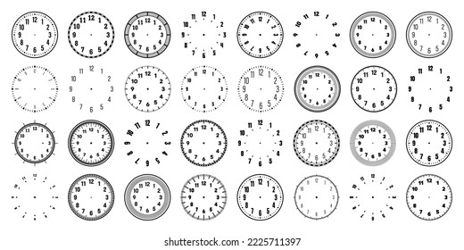 Mechanical clock faces with arabic numerals, bezel. Watch dial with minute, hour marks and numbers. Timer or stopwatch element. Blank measuring circle scale with divisions. Vector illustration