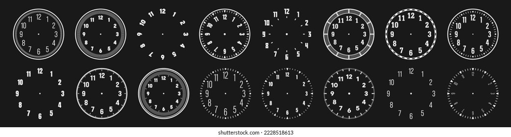 Mechanical clock faces with arabic numerals, bezel. White watch dial with minute, hour marks and numbers. Timer or stopwatch element. Blank measuring circle scale with divisions. Vector illustration