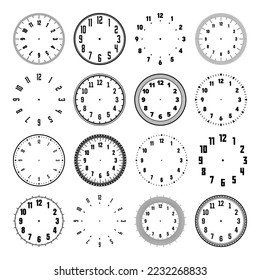 Mechanical clock faces with arabic numerals, bezel. Watch dial with minute, hour marks and numbers. Timer or stopwatch element. Blank measuring circle scale with divisions. Vector illustration