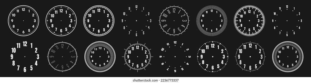 Mechanical clock faces with arabic numerals, bezel. White watch dial with minute, hour marks and numbers. Timer or stopwatch element. Blank measuring circle scale with divisions. Vector illustration