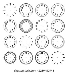 Mechanical clock faces with arabic numerals, bezel. Watch dial with minute, hour marks and numbers. Timer or stopwatch element. Blank measuring circle scale with divisions. Vector illustration