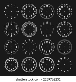 Mechanical clock faces with arabic numerals, bezel. White watch dial with minute, hour marks and numbers. Timer or stopwatch element. Blank measuring circle scale with divisions. Vector illustration