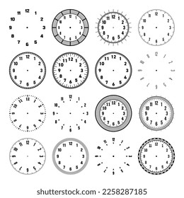 Mechanical clock faces with arabic numerals, bezel. Watch dial with minute, hour marks and numbers. Timer or stopwatch element. Blank measuring circle scale with divisions. Vector illustration