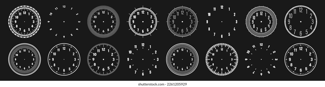 Mechanical clock faces with arabic numerals, bezel. White watch dial with minute, hour marks and numbers. Timer or stopwatch element. Blank measuring circle scale with divisions. Vector illustration