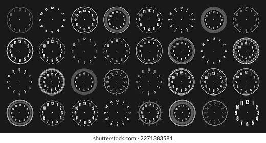 Caras mecánicas de reloj con números árabes, bisel. Reloj blanco marcado con minutos, horas y números. Elemento Timer o stopwatch. Escala de círculo de medida en blanco con divisiones. Ilustración del vector