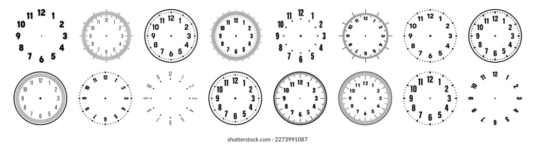 Caras mecánicas de reloj con números árabes, bisel. Marcado de observación con marcas de minuto, hora y números. Elemento Timer o stopwatch. Escala de círculo de medida en blanco con divisiones. Ilustración del vector