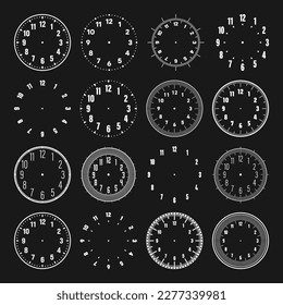 Mechanical clock faces with arabic numerals, bezel. White watch dial with minute, hour marks and numbers. Timer or stopwatch element. Blank measuring circle scale with divisions. Vector illustration