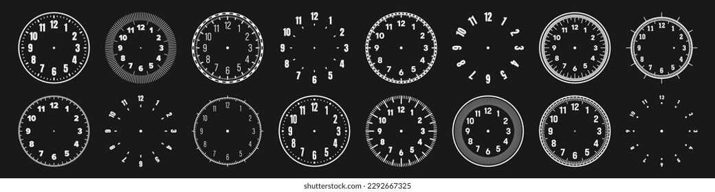 Mechanical clock faces with arabic numerals, bezel. White watch dial with minute, hour marks and numbers. Timer or stopwatch element. Blank measuring circle scale with divisions. Vector illustration