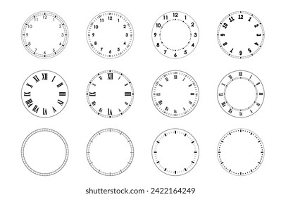 Caras mecánicas de reloj, bisel. Escala de círculo de medida en blanco con divisiones. Círculos de los rostros del reloj para el tiempo