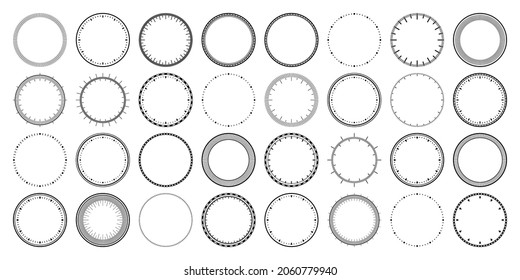 Mechanical clock faces, bezel. Watch dial with minute and hour marks. Timer or stopwatch element. Blank measuring circle scale with divisions. Vector illustration.