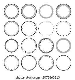 Mechanical clock faces, bezel. Watch dial with minute and hour marks. Timer or stopwatch element. Blank measuring circle scale with divisions. Vector illustration.