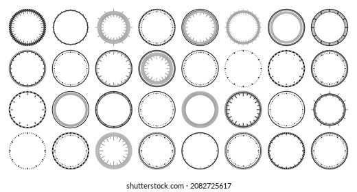 Mechanical clock faces, bezel. Watch dial with minute and hour marks. Timer or stopwatch element. Blank measuring circle scale with divisions. Vector illustration.