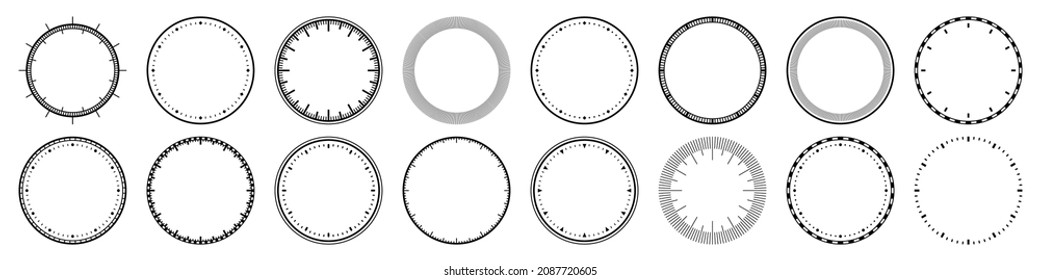 Mechanical clock faces, bezel. Watch dial with minute and hour marks. Timer or stopwatch element. Blank measuring circle scale with divisions. Vector illustration.