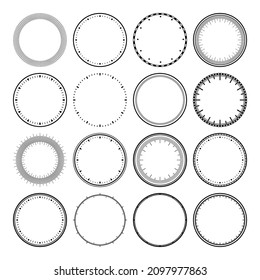 Mechanical clock faces, bezel. Watch dial with minute and hour marks. Timer or stopwatch element. Blank measuring circle scale with divisions. Vector illustration.