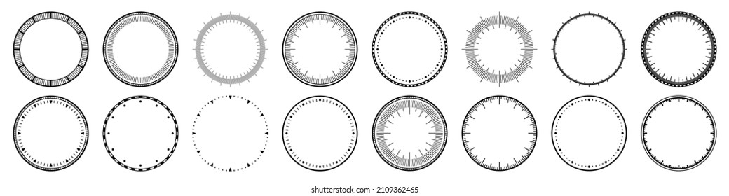 Mechanical clock faces, bezel. Watch dial with minute and hour marks. Timer or stopwatch element. Blank measuring circle scale with divisions. Vector illustration.