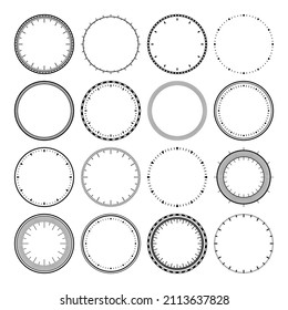 Mechanical clock faces, bezel. Watch dial with minute and hour marks. Timer or stopwatch element. Blank measuring circle scale with divisions. Vector illustration.