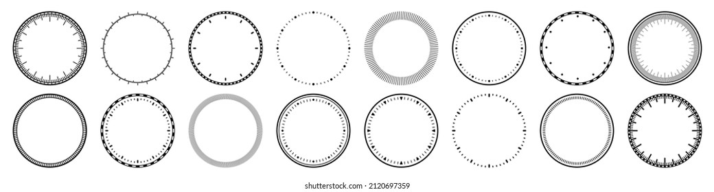 Mechanical clock faces, bezel. Watch dial with minute and hour marks. Timer or stopwatch element. Blank measuring circle scale with divisions. Vector illustration.