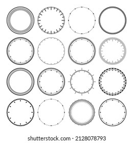 Mechanical clock faces, bezel. Watch dial with minute and hour marks. Timer or stopwatch element. Blank measuring circle scale with divisions. Vector illustration.