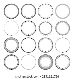 Mechanical clock faces, bezel. Watch dial with minute and hour marks. Timer or stopwatch element. Blank measuring circle scale with divisions. Vector illustration.