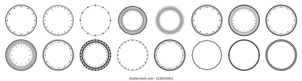 Mechanical clock faces, bezel. Watch dial with minute and hour marks. Timer or stopwatch element. Blank measuring circle scale with divisions. Vector illustration.