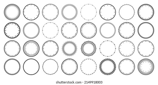 Mechanical clock faces, bezel. Watch dial with minute and hour marks. Timer or stopwatch element. Blank measuring circle scale with divisions. Vector illustration.