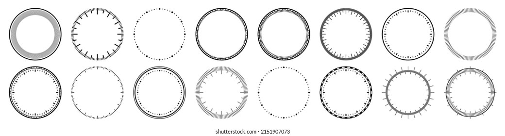 Mechanical clock faces, bezel. Watch dial with minute and hour marks. Timer or stopwatch element. Blank measuring circle scale with divisions. Vector illustration.