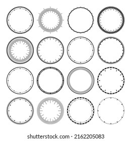 Mechanical clock faces, bezel. Watch dial with minute and hour marks. Timer or stopwatch element. Blank measuring circle scale with divisions. Vector illustration.