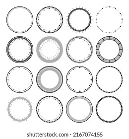 Mechanical clock faces, bezel. Watch dial with minute and hour marks. Timer or stopwatch element. Blank measuring circle scale with divisions. Vector illustration.