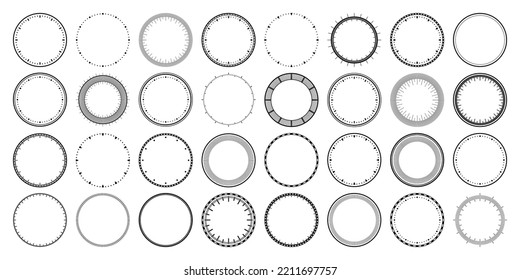 Mechanical clock faces, bezel. Watch dial with minute and hour marks. Timer or stopwatch element. Blank measuring circle scale with divisions. Vector illustration.