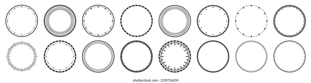 Mechanical clock faces, bezel. Watch dial with minute and hour marks. Timer or stopwatch element. Blank measuring circle scale with divisions. Vector illustration.